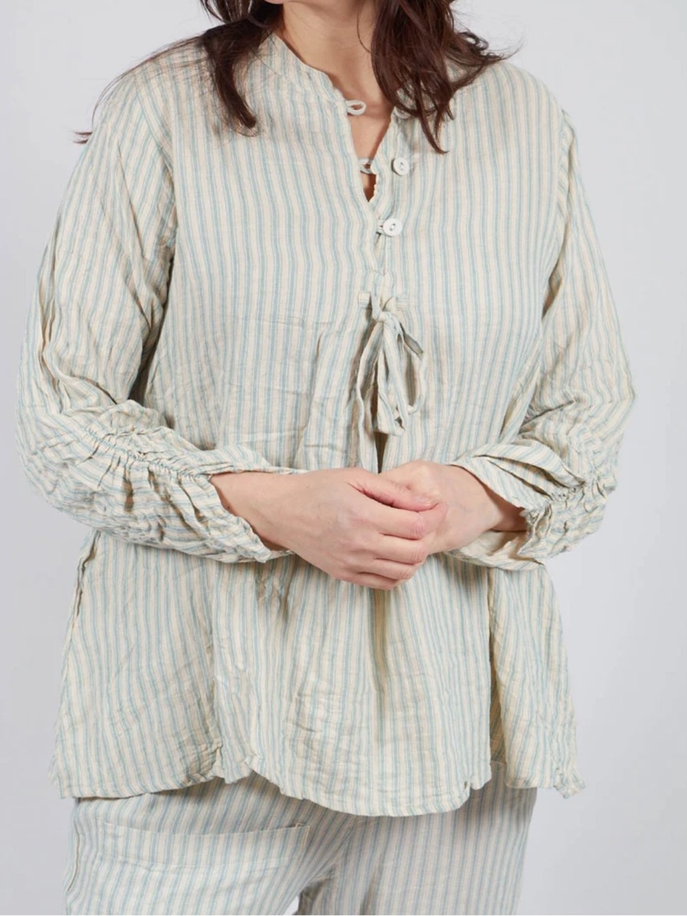 Les Ours Rosanne Gauze Cotton Shirt Blue Stripe Popover Button Front Tie-Large